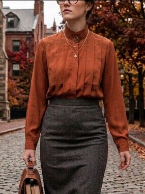 Vintage David Benjamin Rust Orange Pleated 80s Blouse Shoulder Pads 8